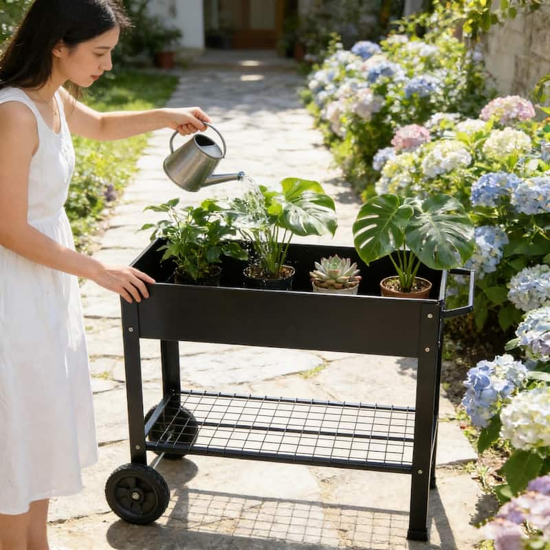 Anmytek Black Mobile Raised Garden Bed Cart with Storage Shelf Rolling Metal Planter Station with Large Wheels for Patio Balcony