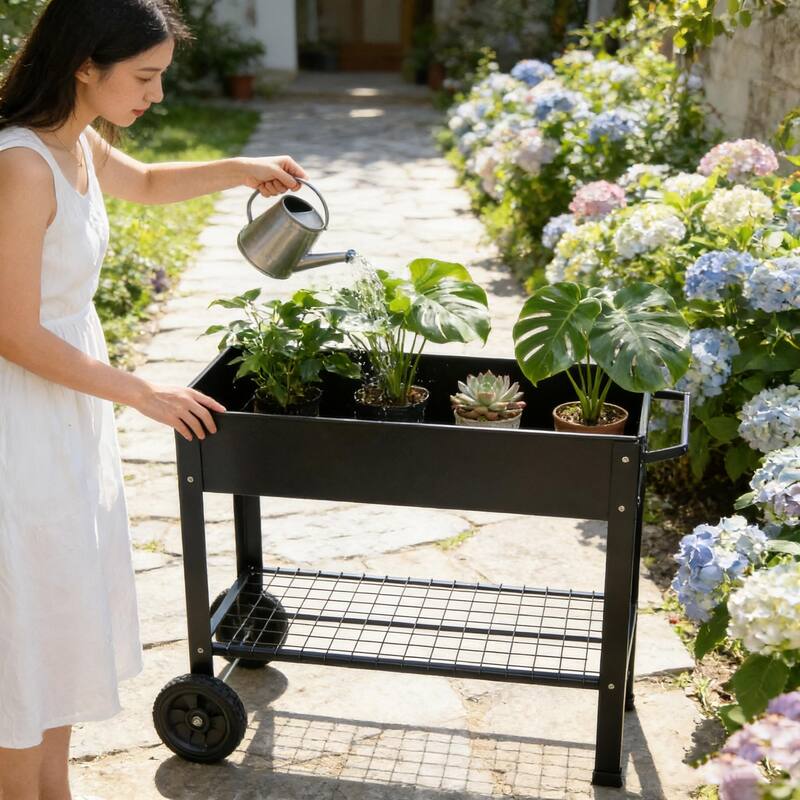 Mobile Metal Raised Garden Bed Cart with Wheels - Elevated Tall Planter Box for Patio, Black