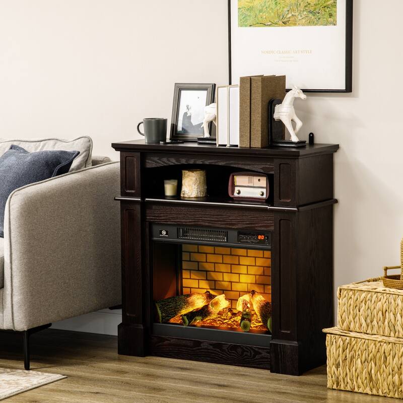 32" Electric Fireplace with Mantel, Realistic LED Log Flame, 700W/1400W Heat, Shelf Display, and Remote Control