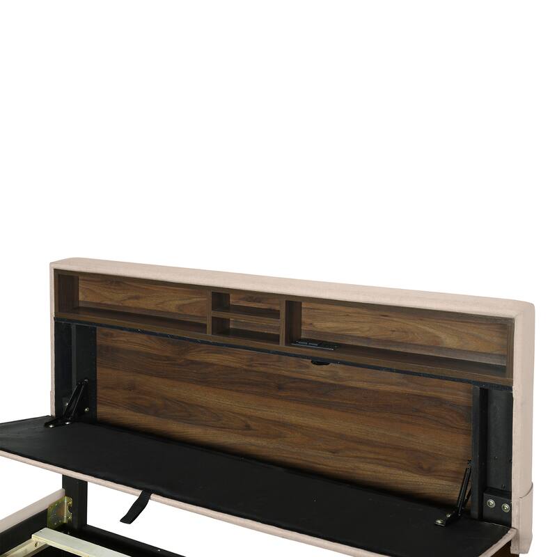 Full Size Upholstered Platform Bed with Storage Headboard, Twin Trundle, Drawers & USB Ports, Beige Linen Fabric