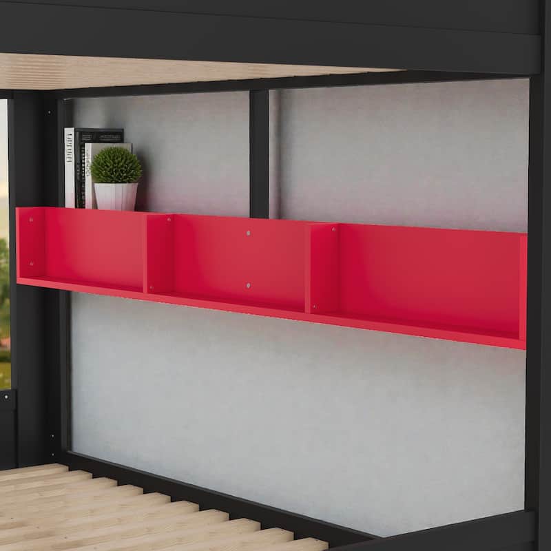 Solid Wood Bunk Bed with Trundle and Storage Shelves, Full Over Full/Queen Over Queen Bunk Bed with Hooks