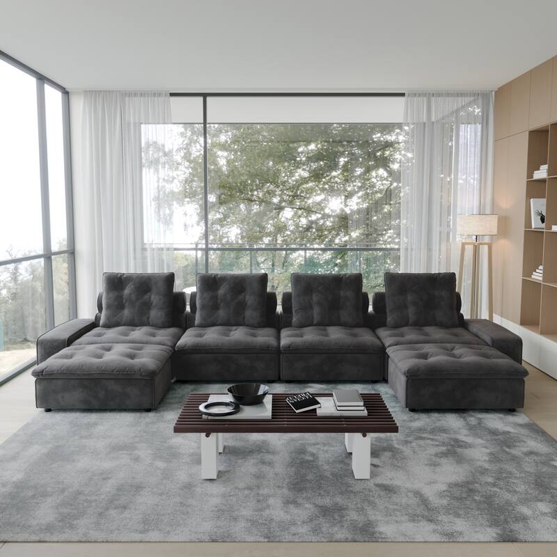 Oversized Down Filled Sectional Couches for Living Room U-Shaped Modular Couch,Adjustable Backrest - Grey-6 seats