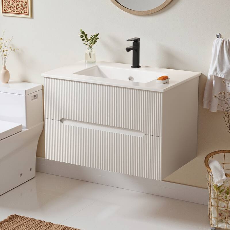 EROMMY 24/30 Inch Floating Bathroom Vanity with Sink, Modern Sink Cabinet with 2 Drawers and Soft-Close Design