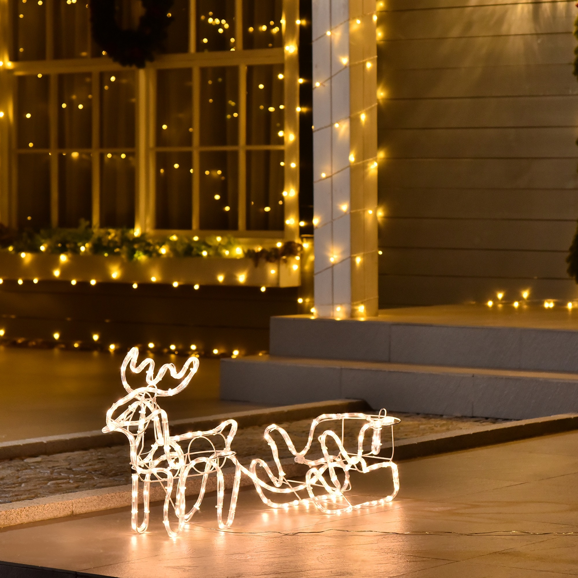 Lighted Display, Reindeer Pulling hot Sleigh Lighted Display