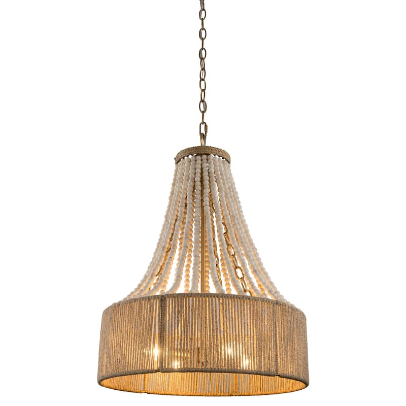 4-Light Bohemian Woven Hemp Rope Wood Beads Empire Chandelier