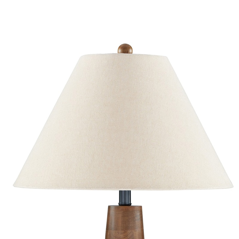30 Inch Table Lamp, White Empire Fabric Shade, Tapered Brown Wood Frame