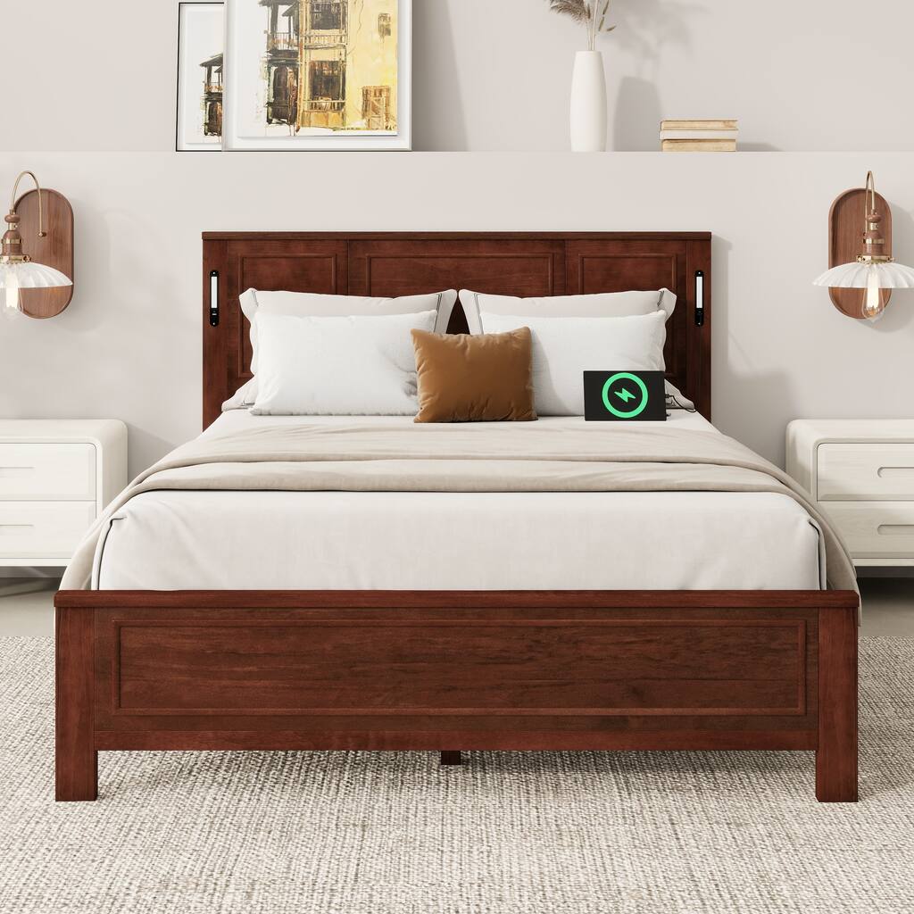 Queen Size Bed with Tall-Panel Headboard & Footboard, Built-in LED Lights, USB Charging Station, with Strengthened Bed Frame