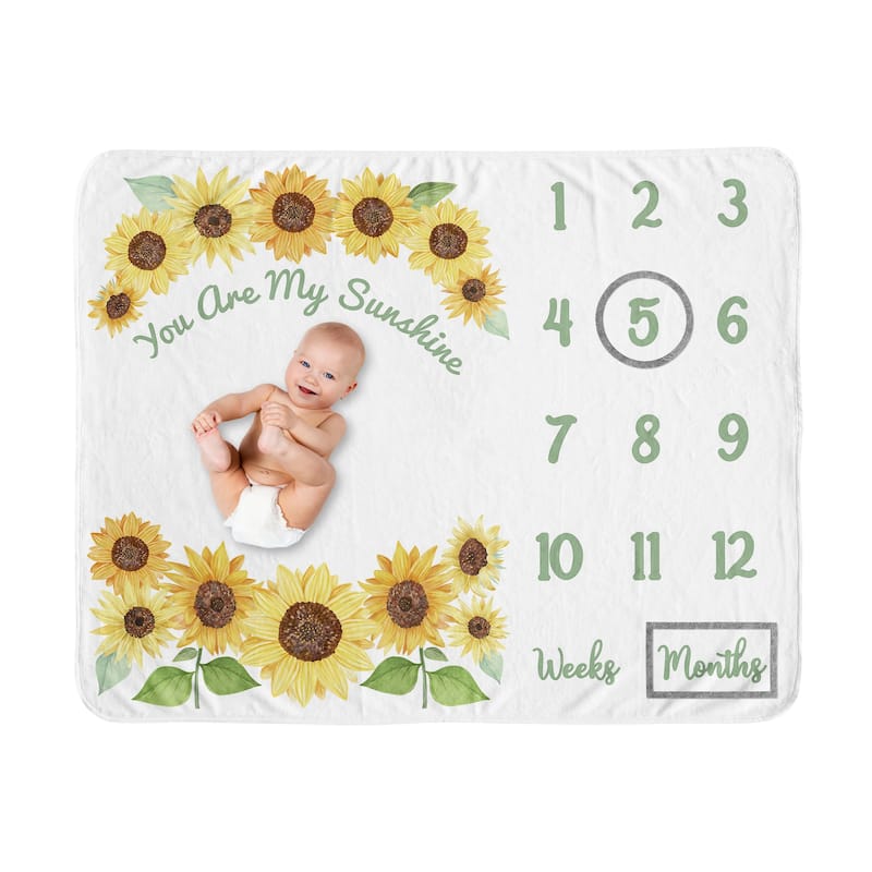 Sunflower Collection Girl Baby Monthly Milestone Blanket - Yellow and Green Farmhouse Watercolor Flower You Are My Sunhine