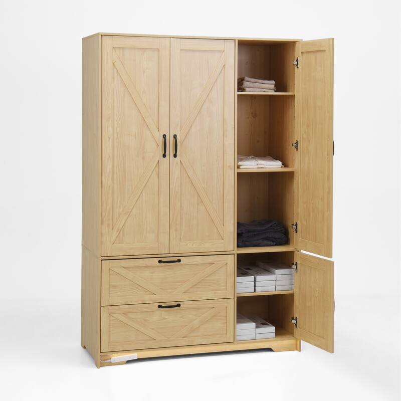 4 Doors Wardrobe Closet with Mirror, LED Wardrobe with Doors and 2 Drawers, Wooden Wardrobe Storage Cabinet with Hanging Rod