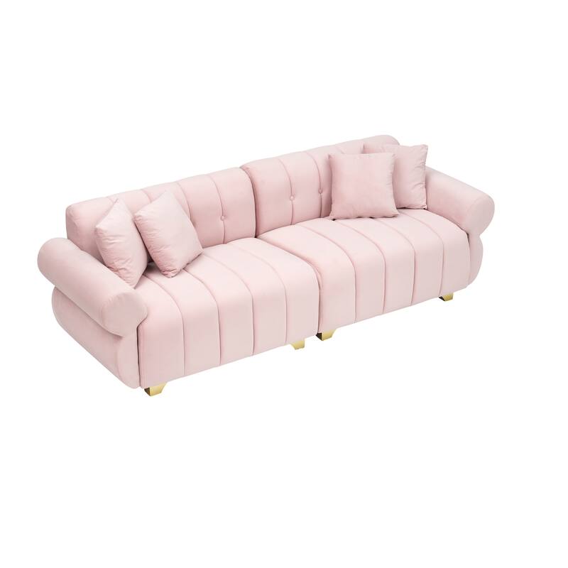 Velvet Sofas Lounge Couch with Round Armrests and Channel Tufting Back, Deep Seat Sofa with Metal Leg and 4 Throw Pillows