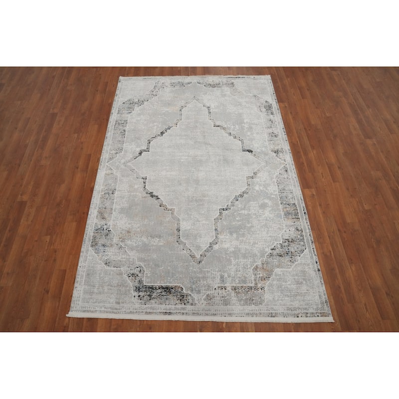 Machine Made Oriental Polyester Carpet Medallion Greys & Charcoal Distressed Area Rug - 7' 5'' X 5' 2''