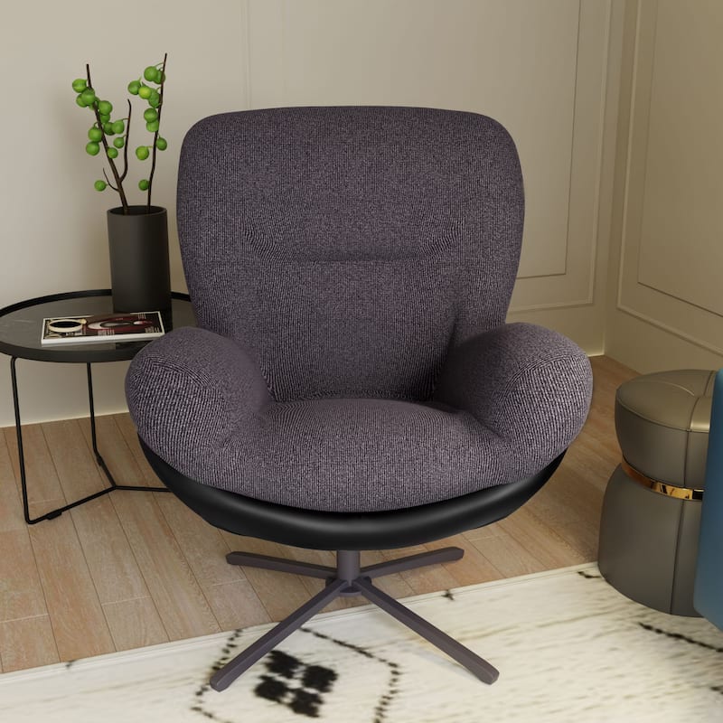 Black+Dark Gray Modern 32.25" Chenille 360° Swivel Lounge Chair with Faux Leather Metal Base Frame