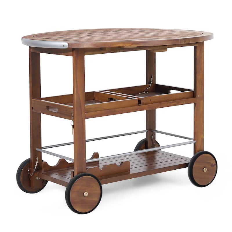 Rolling Bar Cart, 36 Inch Rectangular, 3 Tier, Oak Brown Wood, Silver