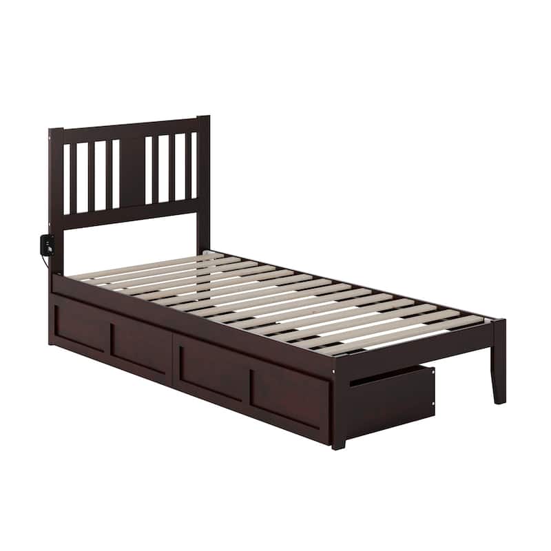 Twin XL Bed with Drawers - Espresso Wood Bed Frame, USB Charging, Slat Kit Included - HomeStock