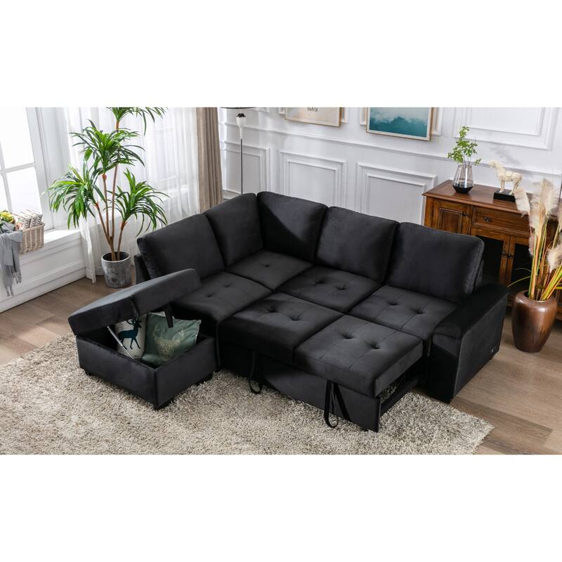 L-shape Corner Sofa with Storage Ottoman & Storage Arm & USB Sockets
