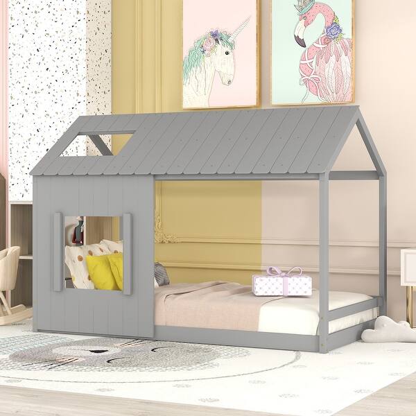slide 2 of 9, Gray Modern Pine Wood House Bed with Roof and Window, Sturdy Construction