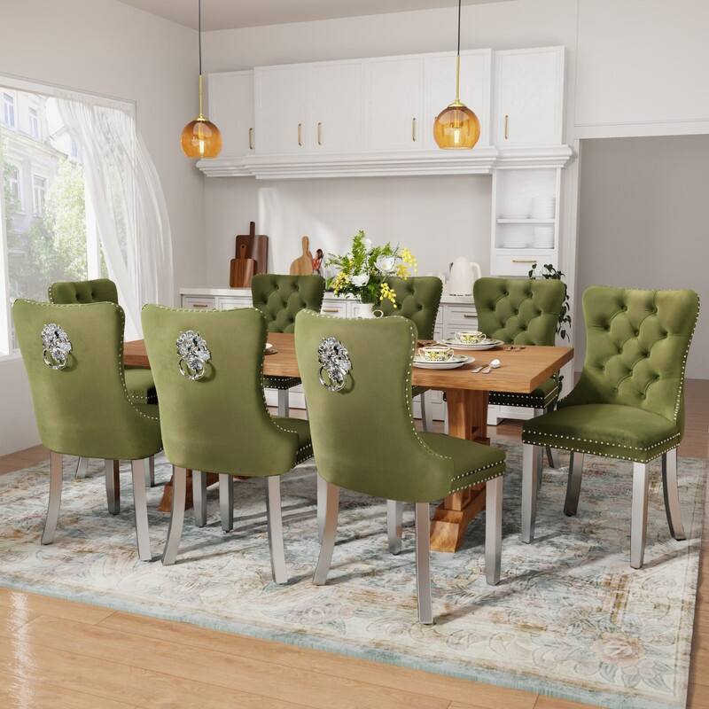 Tufted Naliheads Solid Wood Upholstered Dining Chairs Set of 8 - Olive SliverLegs