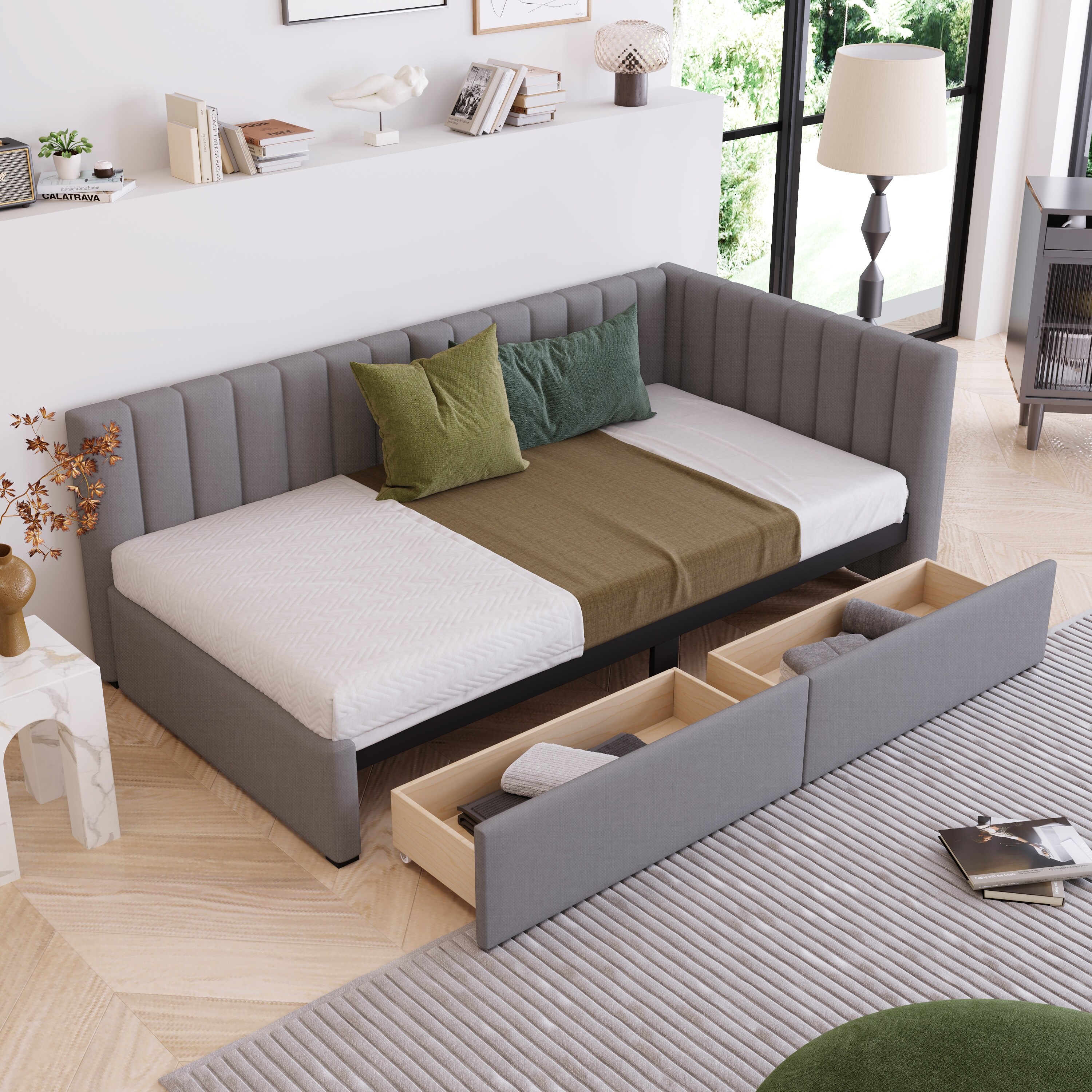 Classic Design Twin Size Upholstered Daybed with 2 Storage Drawers Linen Fabric Sofa Bed Frame No Box Spring Needed Grey