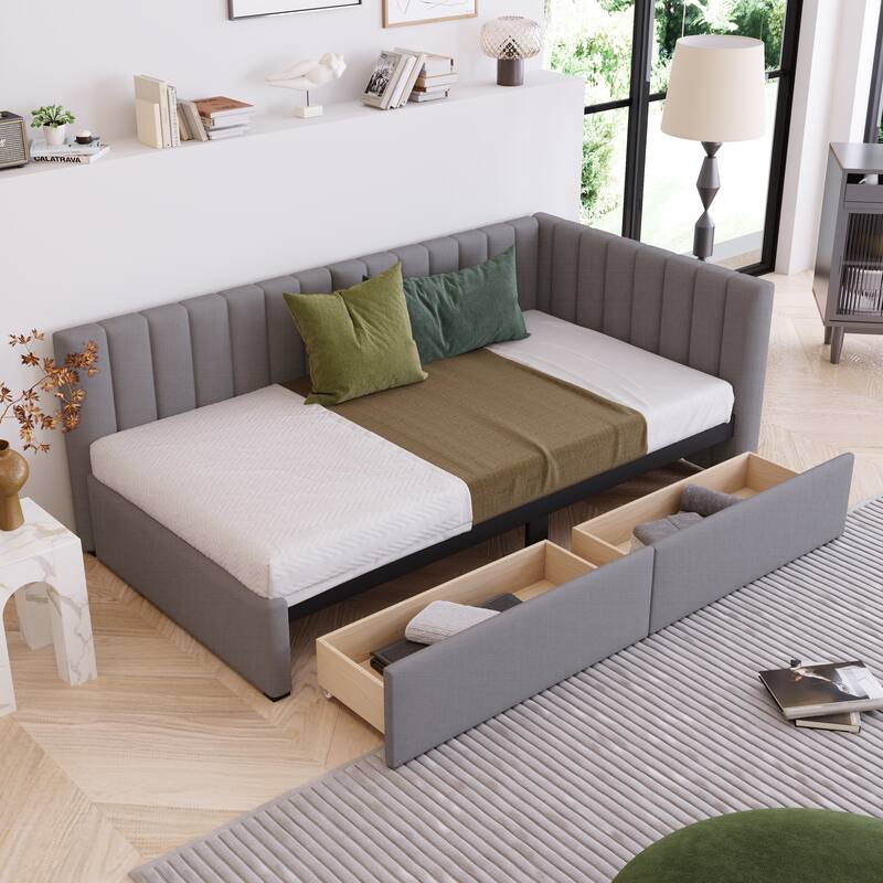 Twin Size Upholstered Daybed with 2 Storage Drawers, Linen Fabric Sofa Bed Frame, No Box Spring Needed - Gray
