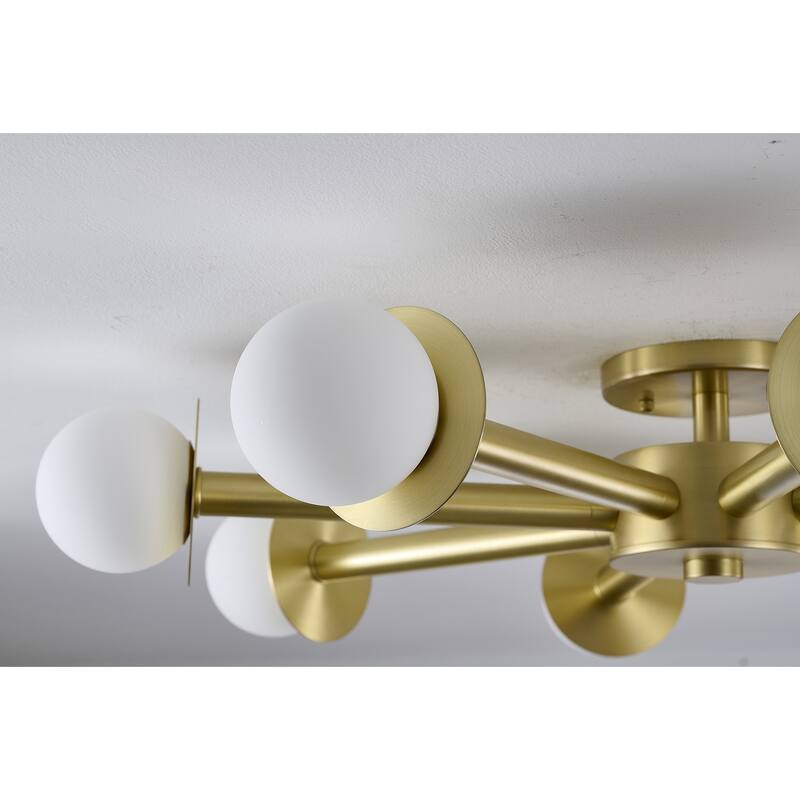 8-Light Satin Brass Flush Mount With White Glass Globe Shades