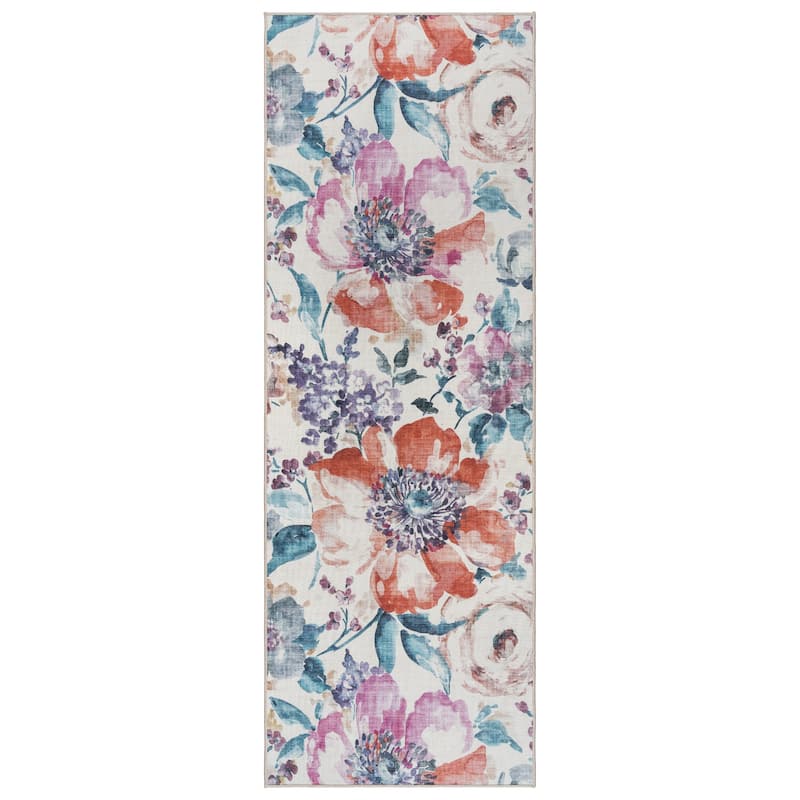 Gertmenian Crystal Print Washable Digital Printed Flat Pile Polyester Slip Resistant Area Rug Collection - 2' 2" x 6' - Flora Multi
