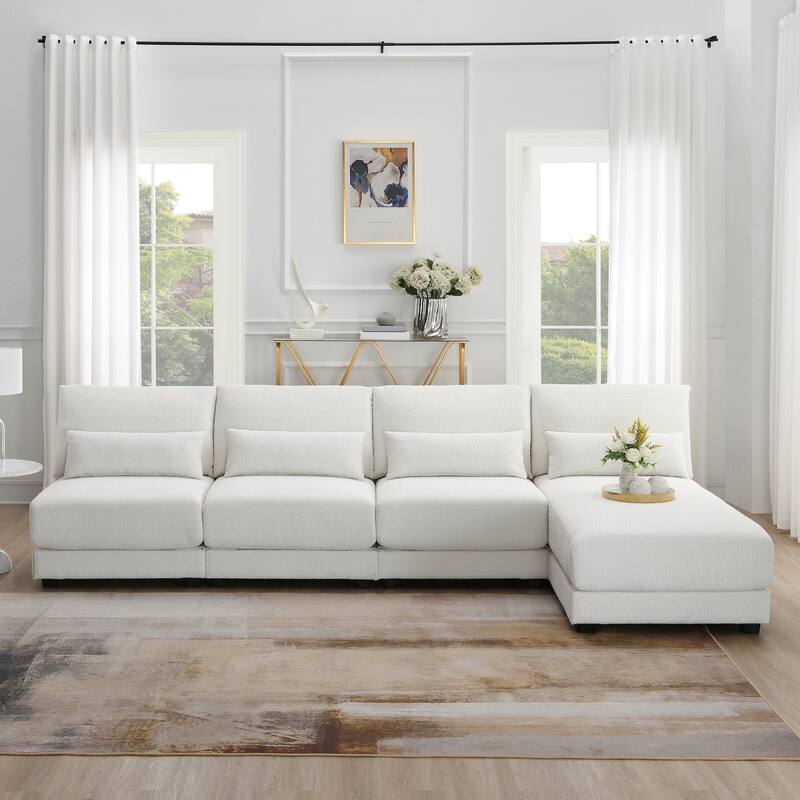 120" L-Shaped 4 Seater Sectional Sofa with Reversible Chaise and 4 Waist Pillow, Armless Design for Space-Saving Comfort - Cream