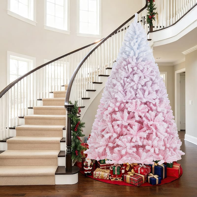 Gymax Artificial Christmas Tree Hinged Snow Flocked Xmas Tree w/ Lush - Pink, White