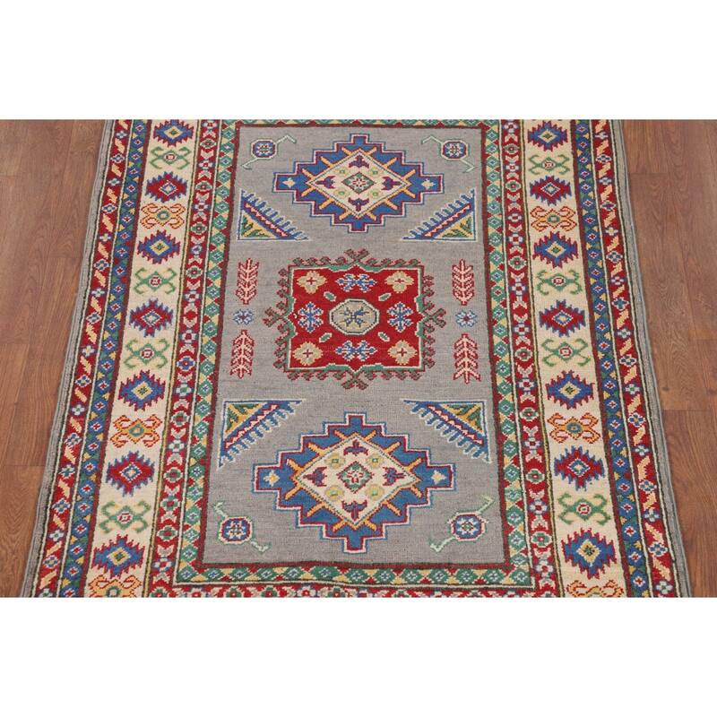 Gray Geometric Kazak Accent Rug Hand-Knotted Wool Carpet - 3'4" x 4'11"