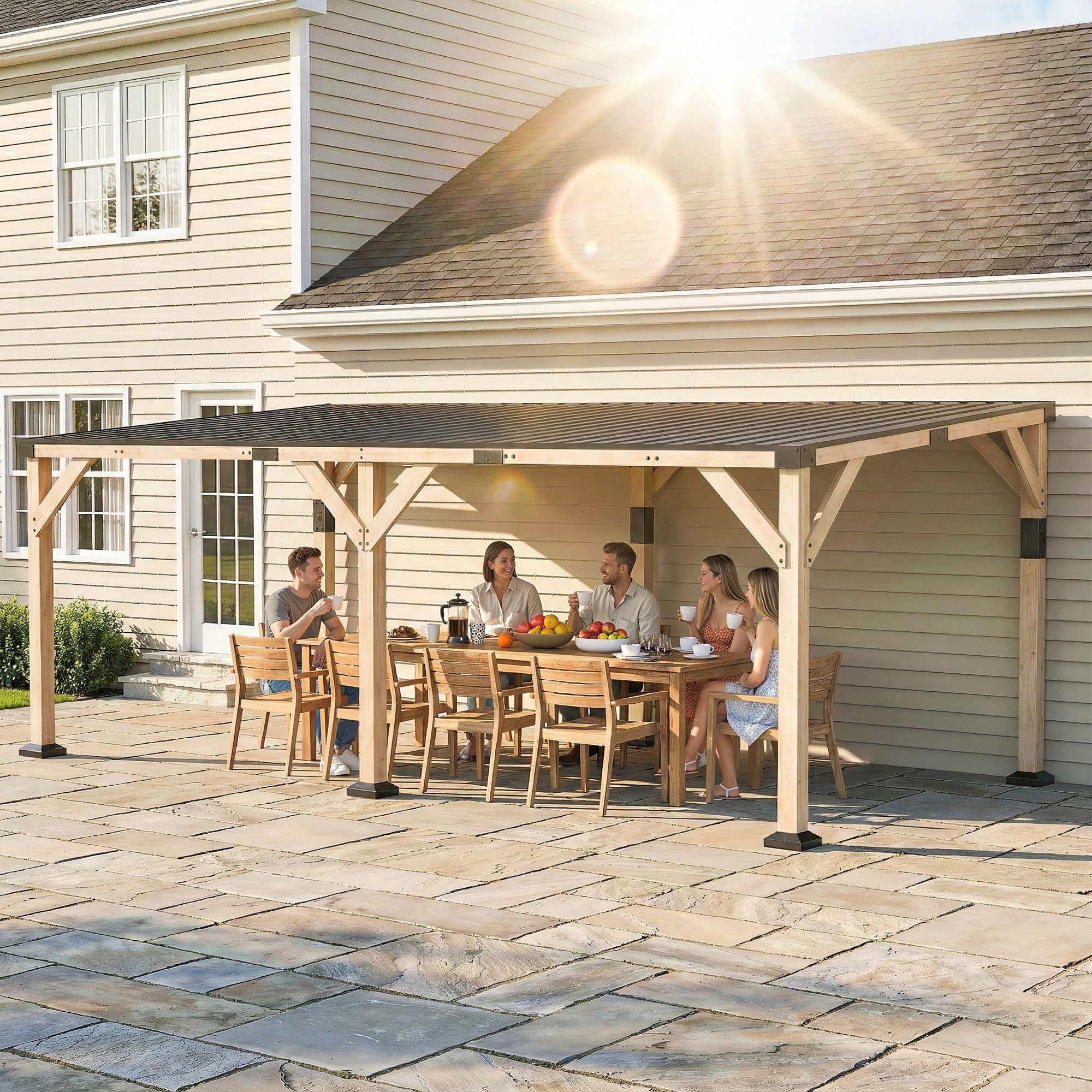 Outsunny 10' x 20' Wooden Gazebo, Hardtop Lean-to Gazebo Pergola, Large Heavy Duty Awning , Light Walnut