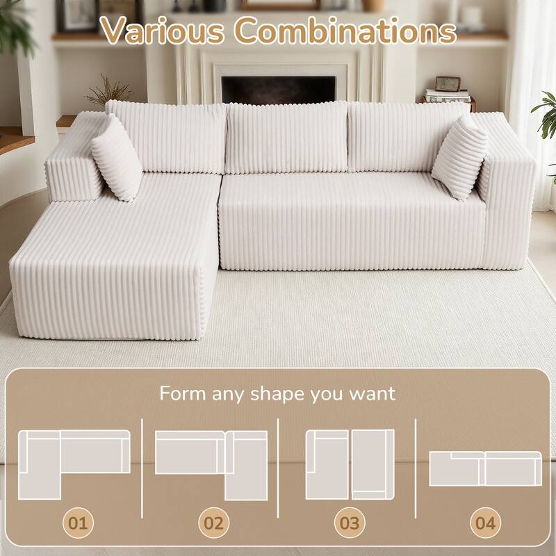 105 in. Wide Square Arm 2-Piece Modern Corduroy Fabric L-Shape Modular Sectional Sofa