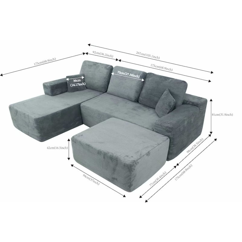 105" Cloud Sectional Couch with U-Shaped Chaise, Modular Corduroy Sofa with Deep Seats, Upholstered Living Room Couch