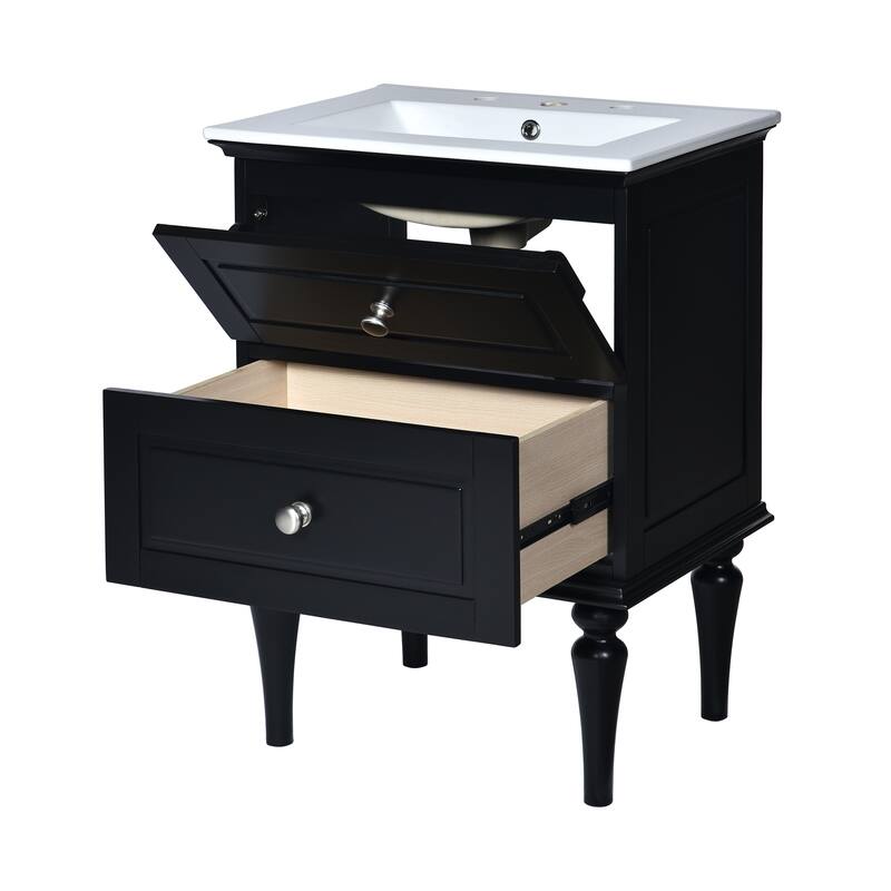 Bathroom Vanity with Ceramic Sink, Small Bathroom Vanity with 2 Drawers, Bathroom Storage Cabinet with Tip-Out Drawer