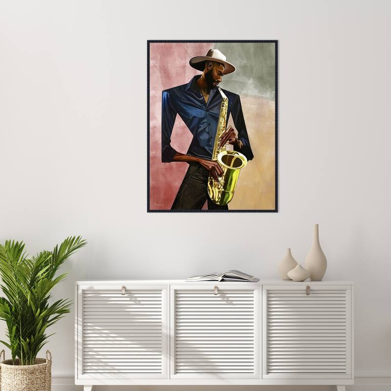 Sax Player by Manasseh Johnson sr Framed Canvas Wall Art Print - Sylvie Beaded Black