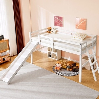 Loft Bed with Slide, Twin, Space Saving Kids Low Loft Bed with Guardrail and Ladder