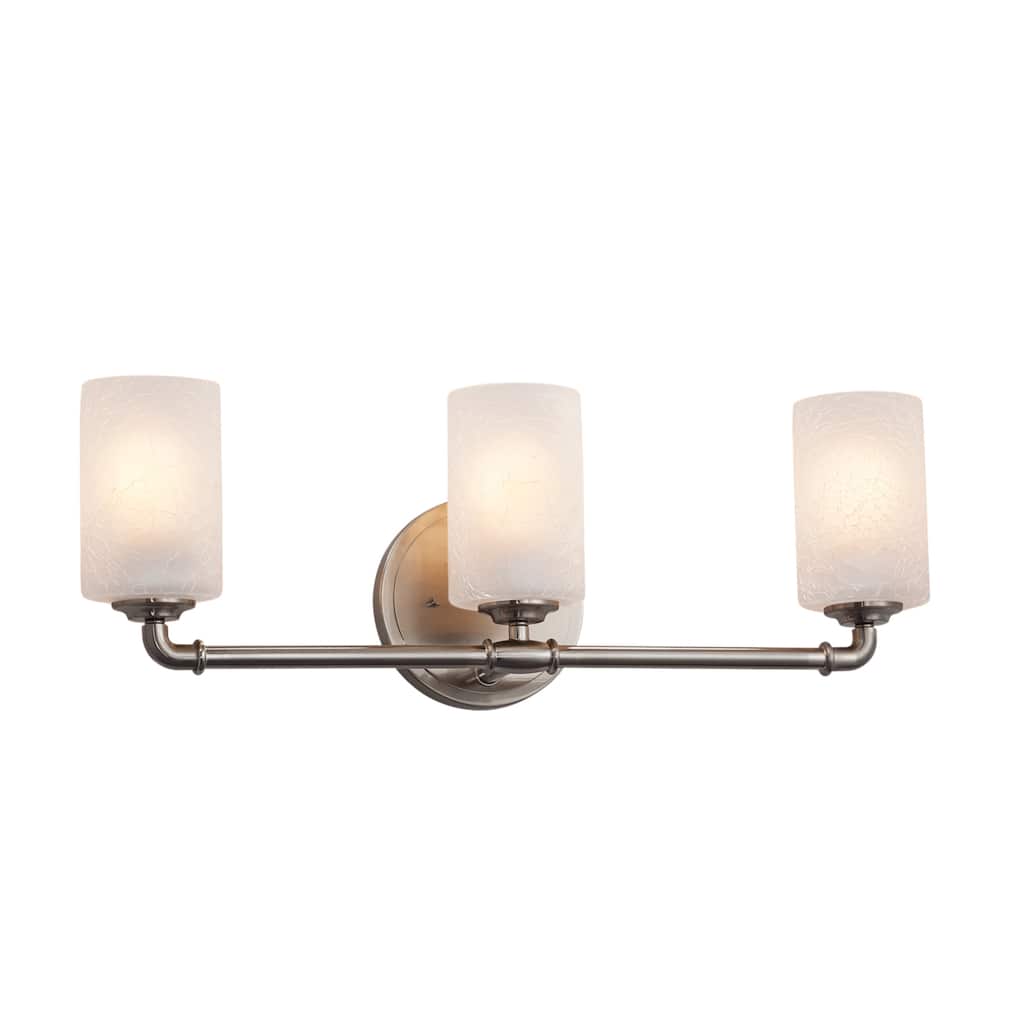 Justice Design Fusion Bronx 3-light Brushed Nickel Bath Bar, Frosted Crackle Cylinder w/ Flat Rim Shade