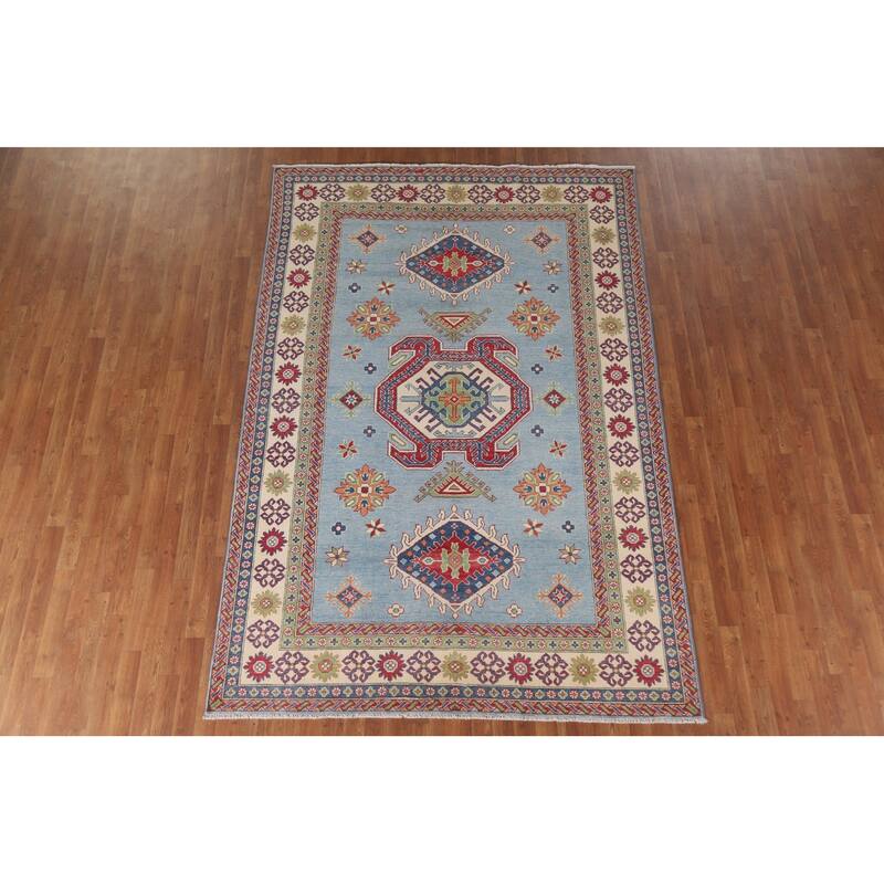 Hand Knotted Oriental 100% Wool Carpet Traditional Geometric Navy Blue & Blues Kazak Area Rug - 9' 8'' X 6' 6''