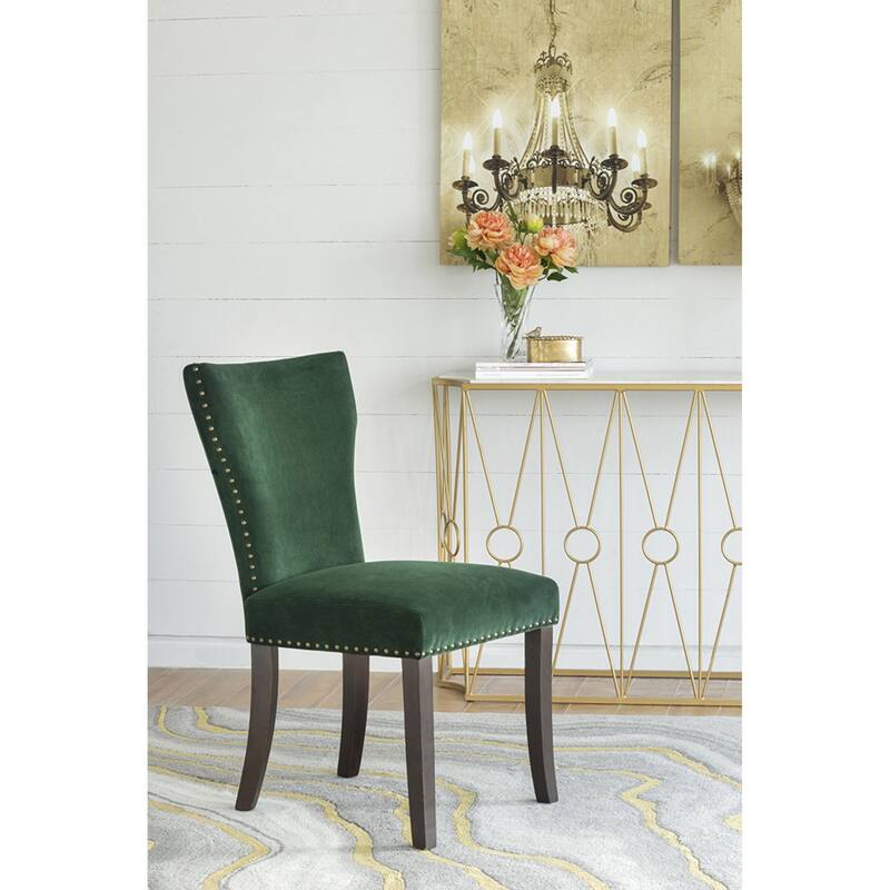 Velvet Armless Nail Head Wooden Dining Chairs 37" Green and Brown 2Ct