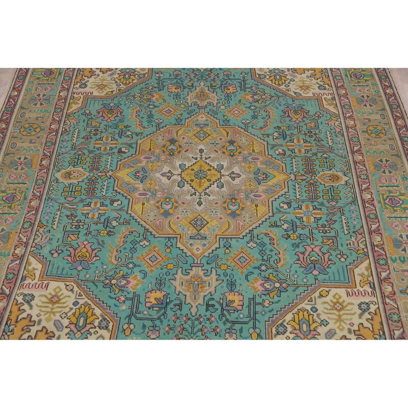 Hand Knotted Oriental 100% Wool Carpet Traditional Floral Navy Blue & Blues Tabriz Area Rug - 9' 6'' X 6' 9''