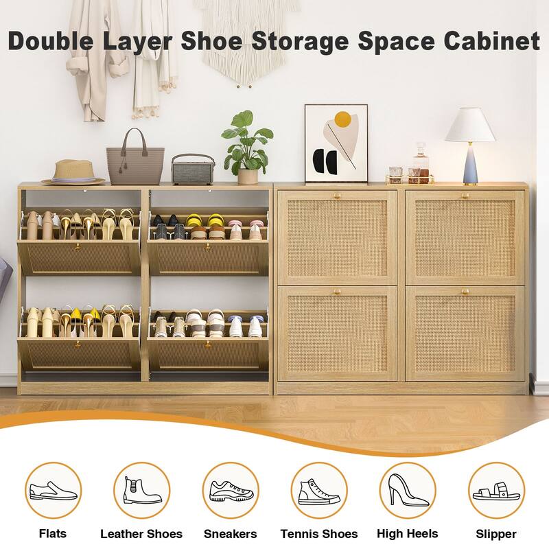 Anmytek 24 Pairs Large White Rattan Shoe Storage Cabinet with 4 Flip Drawers Narrow Shoe Storage Organizer for Entryway
