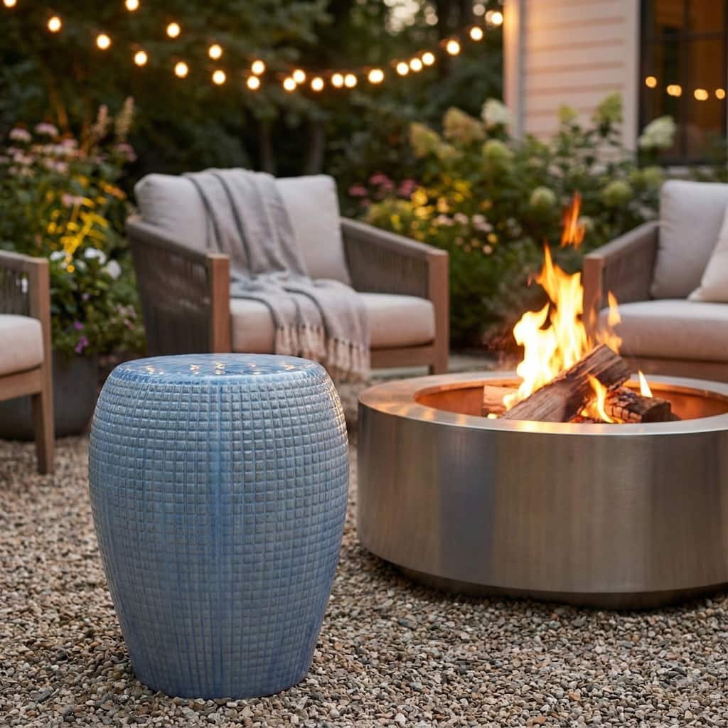 Garden Stool - Ceramic Glossy Drum Shape - Blue, 18"