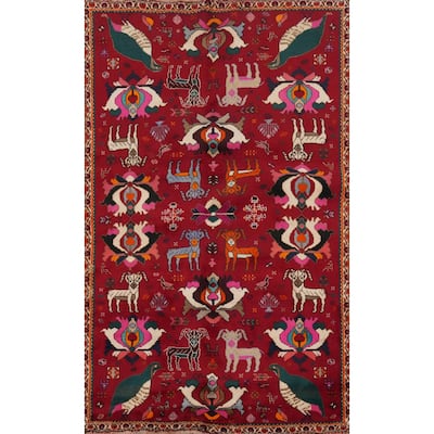 Hand Knotted Oriental 100% Wool Carpet Traditional Tribal Red Shiraz Area Rug - 6' 11'' X 4' 3''