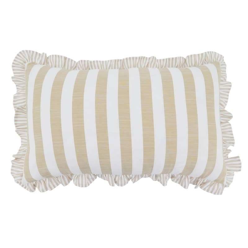 Striped Ruffle Edge Cotton-Blend Throw Pillow - Classic Cabana Stripe Design for Sofa, Bed & Accent Styling - 12"x20" - Feather Down - Natural