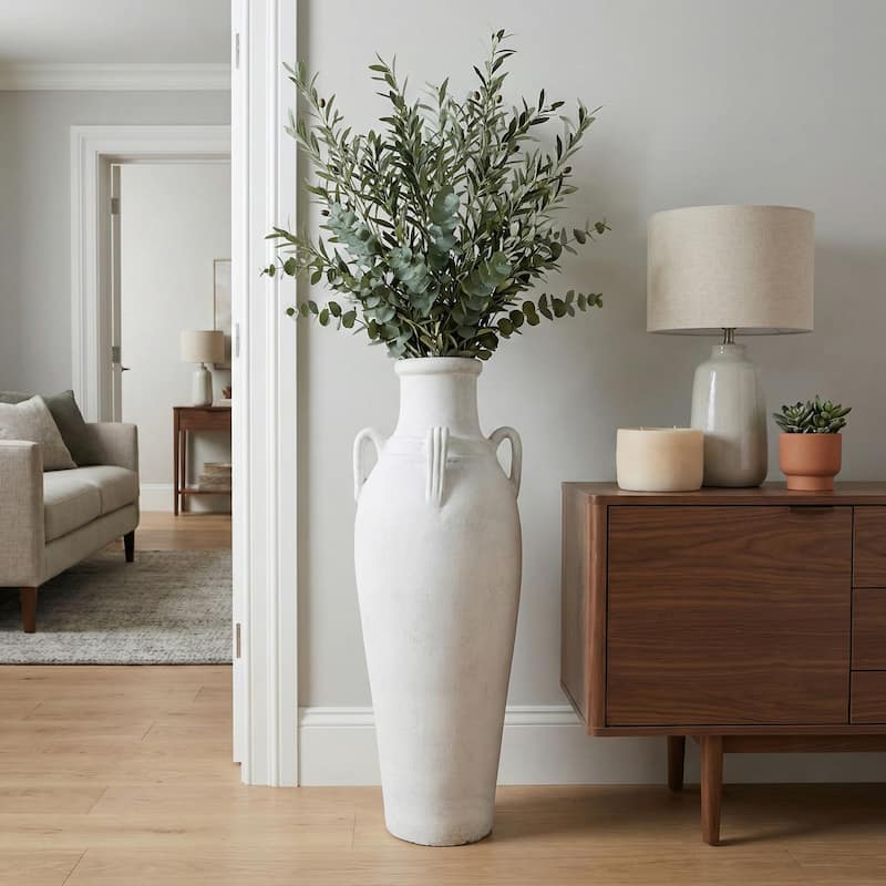 Ceramic Rustic Dual Handles Floor Vase - Ivory, 39"