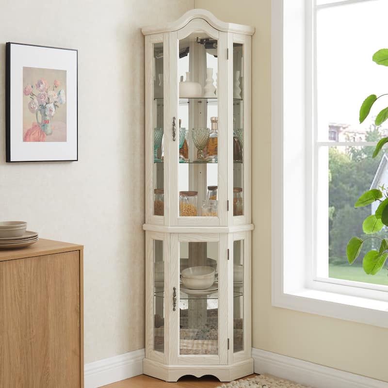 Lighted Corner Curio Cabinet, Freestanding Glass Display Cabinet, Wooden China Cabinet with Tempered Glass Doors & Shelves