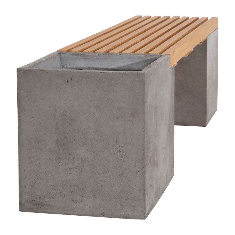 Ezra 67-inch Indoor-Outdoor Concrete and Teak Planter Bench - N/A