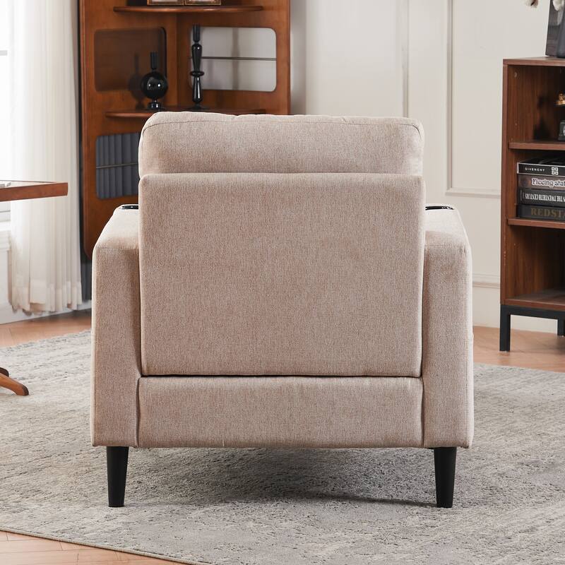 Beige Modern 31.5" Upholstered Buttons Tufted Arm Chair with Storage and Cup Holders for Living Room