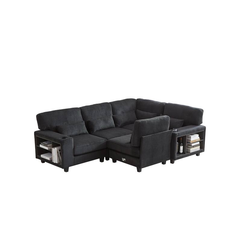 102.75" Corduroy L-Shaped Modular Sectional Sofa with Storage and Cup Holder