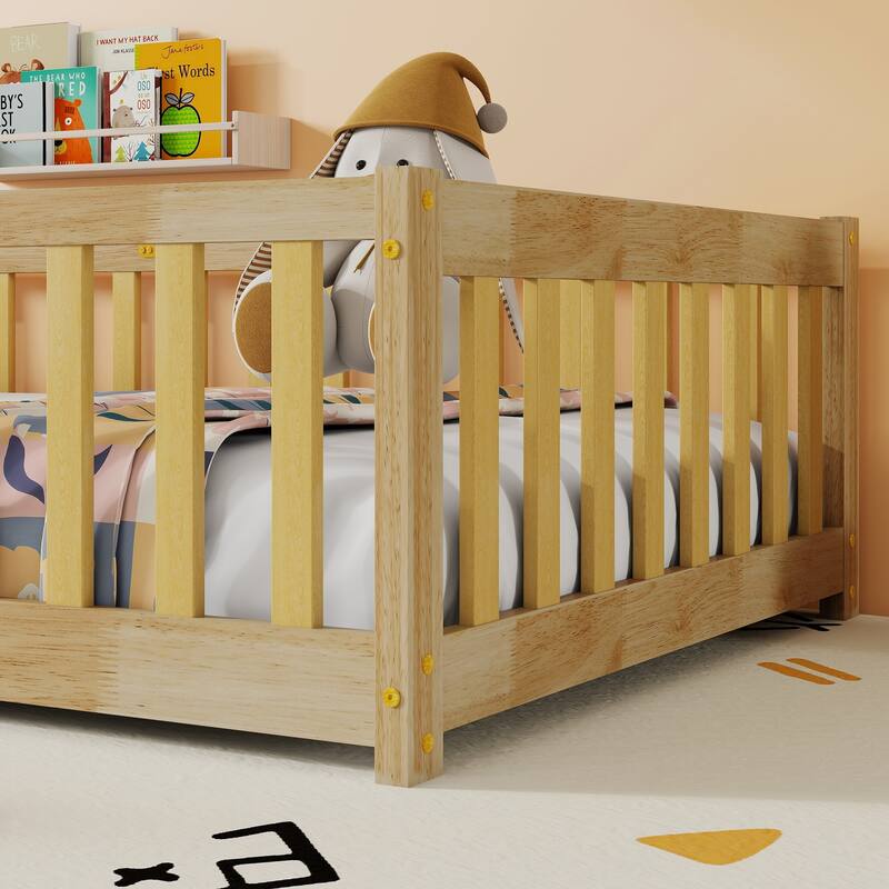 Twin Size Floor Bed with Safety Fence, Natural Rubber Wood, Easy Assembly, Compact Design