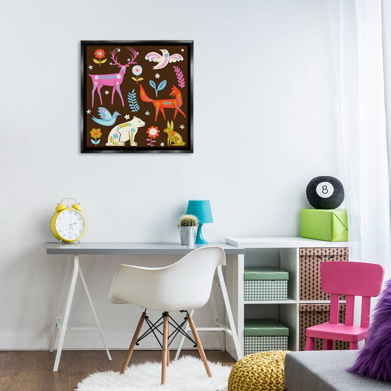 Stupell Forest Folk Animals with Florals Framed Floater Canvas Wall Art Design By Hannah Moren