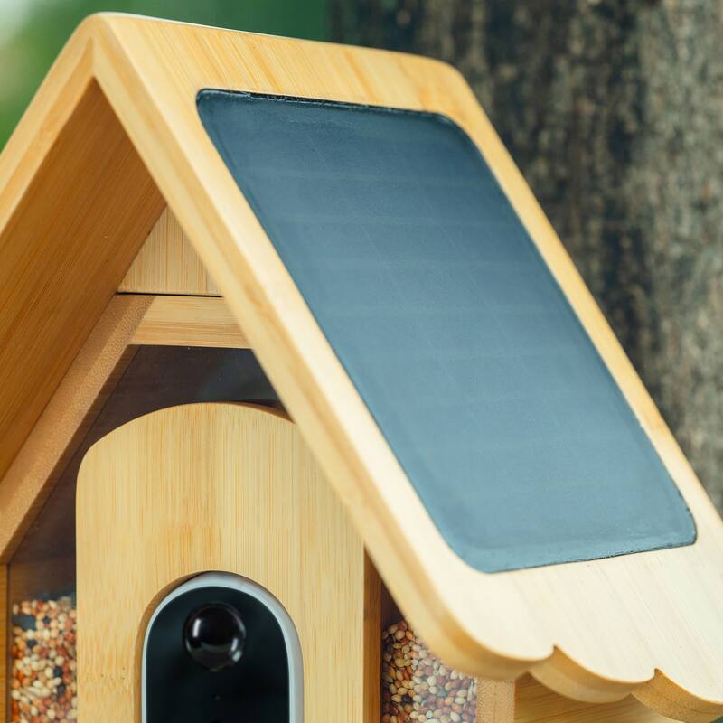 Smart Solar Bamboo Bird Feeder with Camera and AI Identify Bird Species - 9.8" W x 9.57" D x 7.87" H